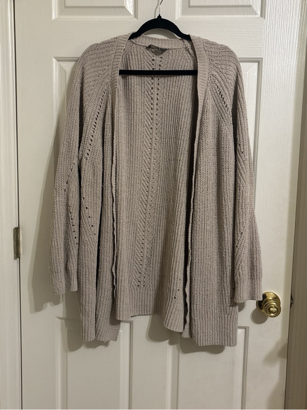Open-Front Knit Cardigan Sweater in Light Taupe